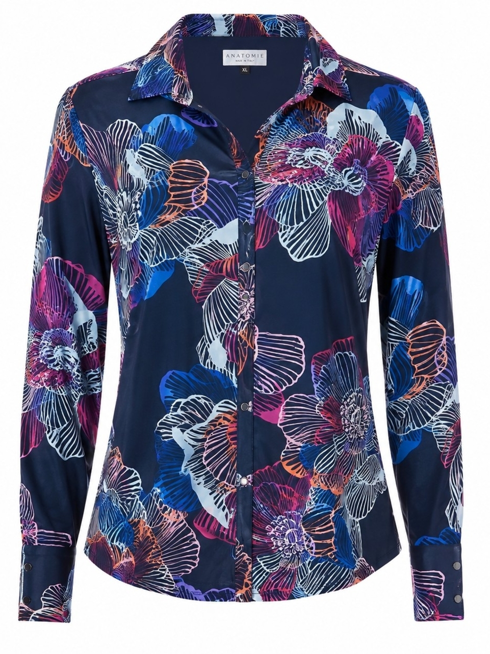 ANATOMIE | Dressy Navy Floral Snap Front Silky Stretch Blouse Made Italy | XL